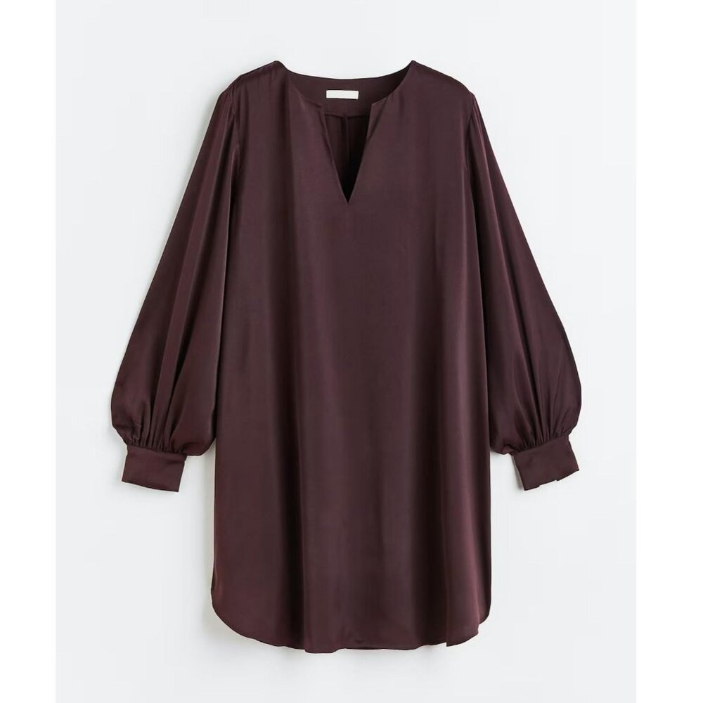 H&M Burgundy Satin Dress mini length balloon long sleeve Sz L NWT drapey comfy